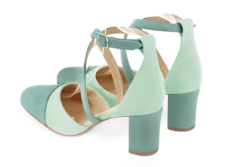 Mint green women's open side shoes, with crossed straps. Round toe. Medium block heels. Rear view - Florence KOOIJMAN